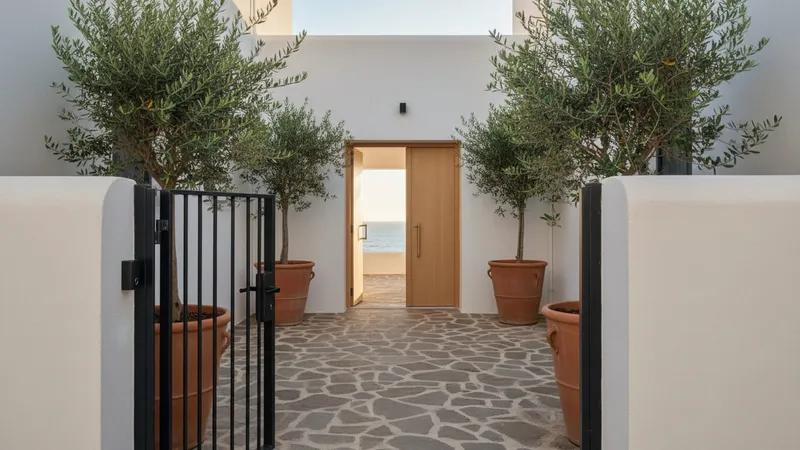 Open black steel gate with a smart lock leading through a stone courtyard of olive trees to an oak front door, sea beyond