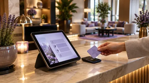 Guest tapping a key card at a hotel front desk next to a tablet