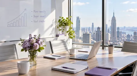 Meeting table with laptops and notebooks overlooking Manhattan
