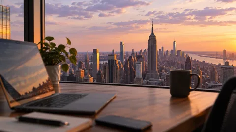 Laptop on a desk overlooking the New York skyline at sunset