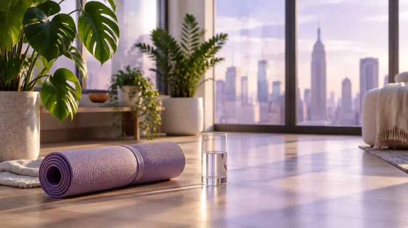 Rolled yoga mat and a glass of water in a bright room overlooking the New York skyline