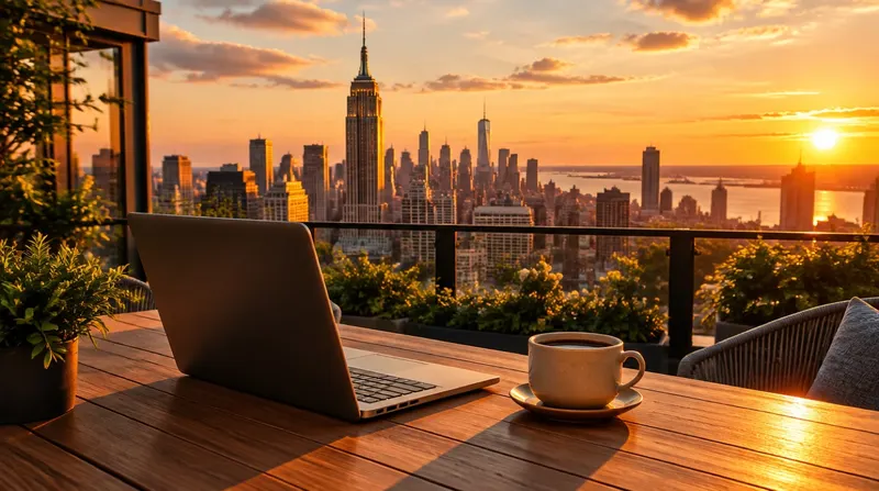 Laptop and a cup of coffee on a rooftop table, the New York skyline at sunset